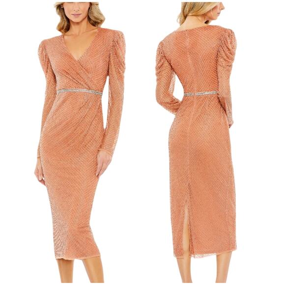 Mac Duggal NWT Copper Beaded Wrap Over Puff Sleeve Dress Rhinestone Waist Sz 10 - Picture 2 of 10